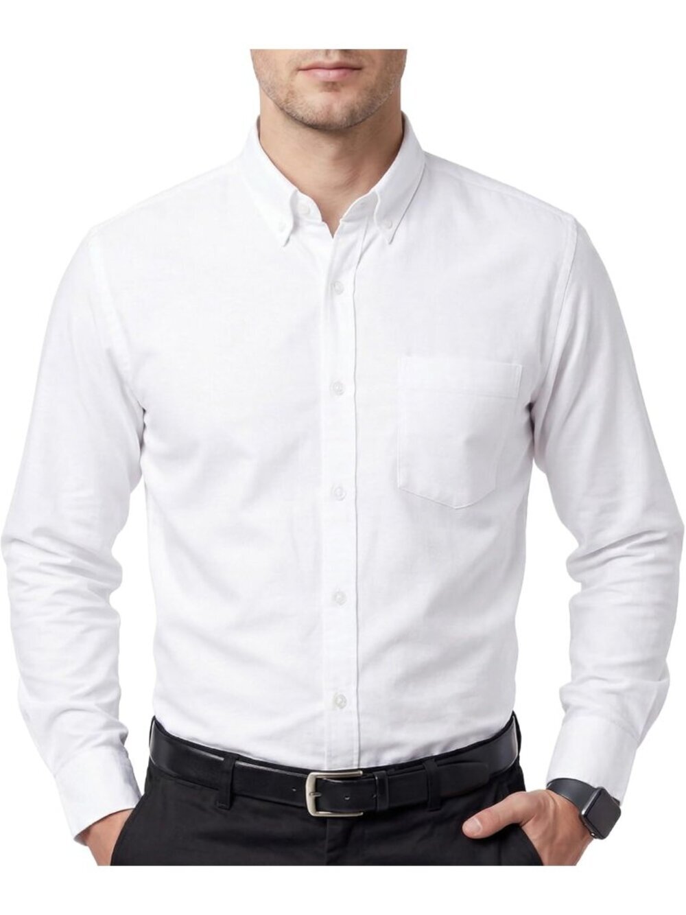 Men's White Long Sleeve Button Down Work Casual Dress Shirts with Pocket